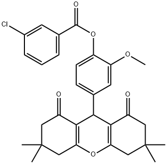 2-methoxy-4-(3,3,6,6-tetramethyl-1,8-dioxo-2,3,4,5,6,7,8,9-octahydro-1H-xanthen-9-yl)phenyl 3-chlorobenzoate Struktur