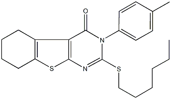 2-(hexylsulfanyl)-3-(4-methylphenyl)-5,6,7,8-tetrahydro[1]benzothieno[2,3-d]pyrimidin-4(3H)-one,664967-56-0,结构式
