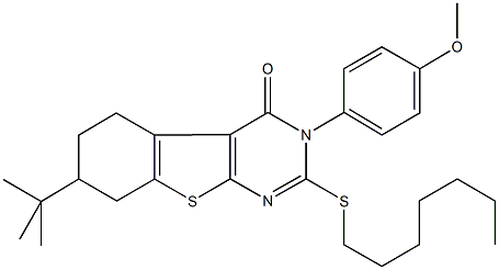 7-tert-butyl-2-(heptylsulfanyl)-3-(4-methoxyphenyl)-5,6,7,8-tetrahydro[1]benzothieno[2,3-d]pyrimidin-4(3H)-one Struktur