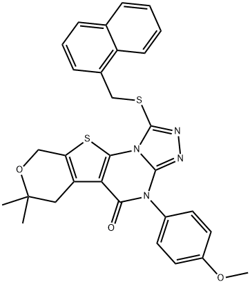4-(4-methoxyphenyl)-7,7-dimethyl-1-[(1-naphthylmethyl)sulfanyl]-6,9-dihydro-7H-pyrano[4',3':4,5]thieno[3,2-e][1,2,4]triazolo[4,3-a]pyrimidin-5(4H)-one Struktur