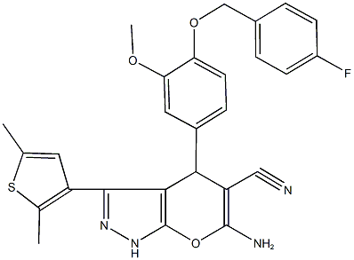 664970-17-6 6-amino-3-(2,5-dimethyl-3-thienyl)-4-{4-[(4-fluorobenzyl)oxy]-3-methoxyphenyl}-1,4-dihydropyrano[2,3-c]pyrazole-5-carbonitrile