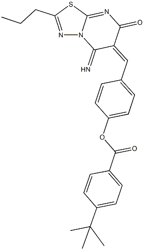 4-[(5-imino-7-oxo-2-propyl-5H-[1,3,4]thiadiazolo[3,2-a]pyrimidin-6(7H)-ylidene)methyl]phenyl 4-tert-butylbenzoate Struktur