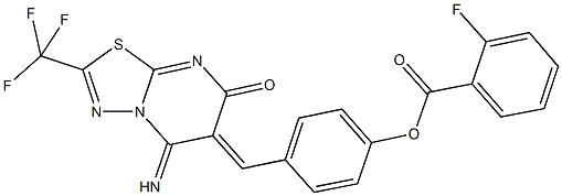 4-[(5-imino-7-oxo-2-(trifluoromethyl)-5H-[1,3,4]thiadiazolo[3,2-a]pyrimidin-6(7H)-ylidene)methyl]phenyl 2-fluorobenzoate Struktur