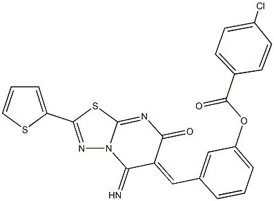 3-[(5-imino-7-oxo-2-(2-thienyl)-5H-[1,3,4]thiadiazolo[3,2-a]pyrimidin-6(7H)-ylidene)methyl]phenyl 4-chlorobenzoate Struktur