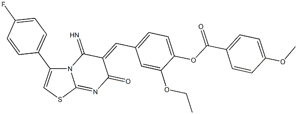 2-ethoxy-4-[(3-(4-fluorophenyl)-5-imino-7-oxo-5H-[1,3]thiazolo[3,2-a]pyrimidin-6(7H)-ylidene)methyl]phenyl 4-methoxybenzoate Struktur