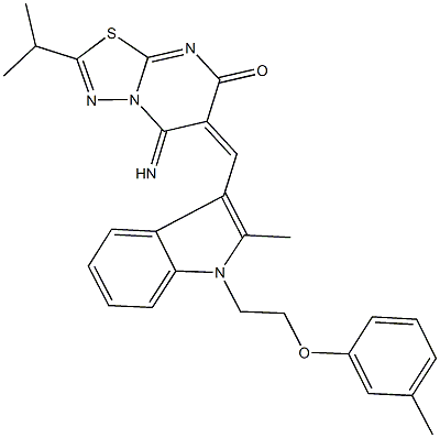 5-imino-2-isopropyl-6-({2-methyl-1-[2-(3-methylphenoxy)ethyl]-1H-indol-3-yl}methylene)-5,6-dihydro-7H-[1,3,4]thiadiazolo[3,2-a]pyrimidin-7-one Struktur