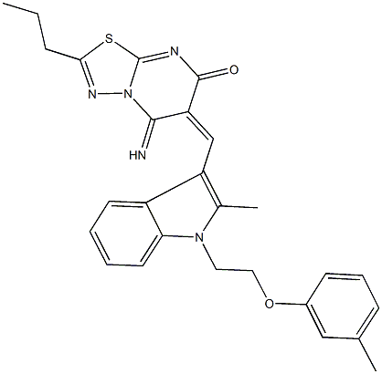 5-imino-6-({2-methyl-1-[2-(3-methylphenoxy)ethyl]-1H-indol-3-yl}methylene)-2-propyl-5,6-dihydro-7H-[1,3,4]thiadiazolo[3,2-a]pyrimidin-7-one Struktur