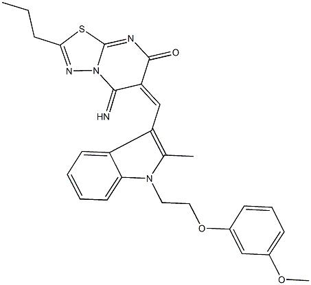 5-imino-6-({1-[2-(3-methoxyphenoxy)ethyl]-2-methyl-1H-indol-3-yl}methylene)-2-propyl-5,6-dihydro-7H-[1,3,4]thiadiazolo[3,2-a]pyrimidin-7-one Struktur