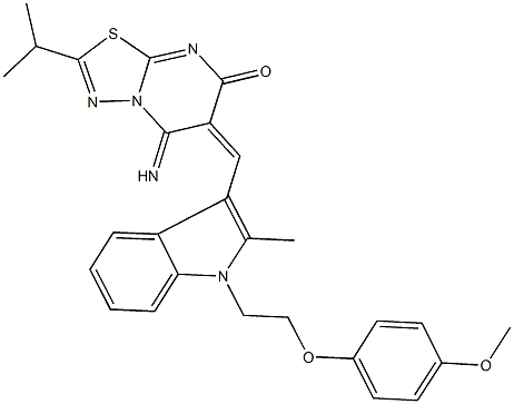 5-imino-2-isopropyl-6-({1-[2-(4-methoxyphenoxy)ethyl]-2-methyl-1H-indol-3-yl}methylene)-5,6-dihydro-7H-[1,3,4]thiadiazolo[3,2-a]pyrimidin-7-one Struktur
