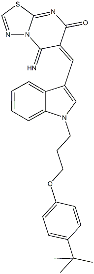 6-({1-[3-(4-tert-butylphenoxy)propyl]-1H-indol-3-yl}methylene)-5-imino-5,6-dihydro-7H-[1,3,4]thiadiazolo[3,2-a]pyrimidin-7-one Struktur