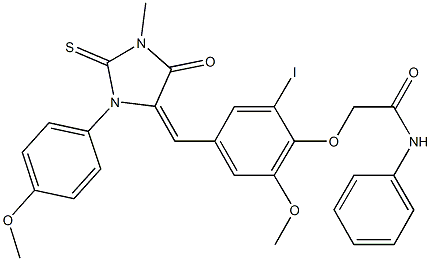 2-(2-iodo-6-methoxy-4-{[3-(4-methoxyphenyl)-1-methyl-5-oxo-2-thioxo-4-imidazolidinylidene]methyl}phenoxy)-N-phenylacetamide Structure