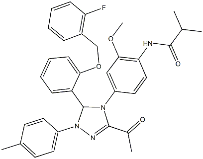 N-{4-[3-acetyl-5-{2-[(2-fluorobenzyl)oxy]phenyl}-1-(4-methylphenyl)-1,5-dihydro-4H-1,2,4-triazol-4-yl]-2-methoxyphenyl}-2-methylpropanamide Struktur