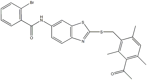 N-{2-[(3-acetyl-2,4,6-trimethylbenzyl)sulfanyl]-1,3-benzothiazol-6-yl}-2-bromobenzamide Structure