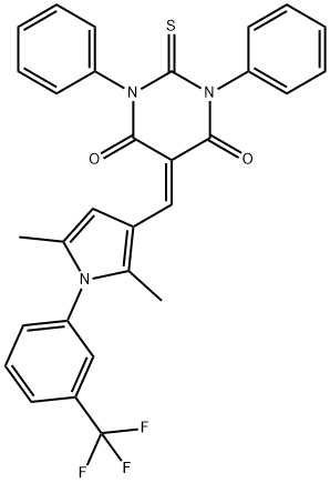 5-({2,5-dimethyl-1-[3-(trifluoromethyl)phenyl]-1H-pyrrol-3-yl}methylene)-1,3-diphenyl-2-thioxodihydropyrimidine-4,6(1H,5H)-dione,666712-01-2,结构式
