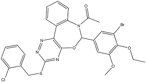 7-acetyl-6-(3-bromo-4-ethoxy-5-methoxyphenyl)-3-[(2-chlorobenzyl)sulfanyl]-6,7-dihydro[1,2,4]triazino[5,6-d][3,1]benzoxazepine 化学構造式