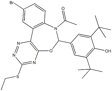4-[7-acetyl-10-bromo-3-(ethylsulfanyl)-6,7-dihydro[1,2,4]triazino[5,6-d][3,1]benzoxazepin-6-yl]-2,6-ditert-butylphenol Struktur