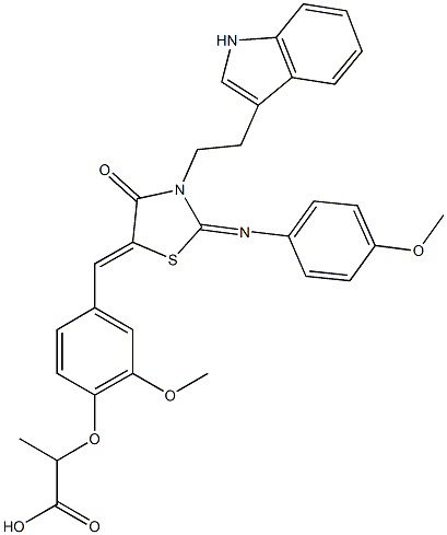 2-[4-({3-[2-(1H-indol-3-yl)ethyl]-2-[(4-methoxyphenyl)imino]-4-oxo-1,3-thiazolidin-5-ylidene}methyl)-2-methoxyphenoxy]propanoic acid Structure