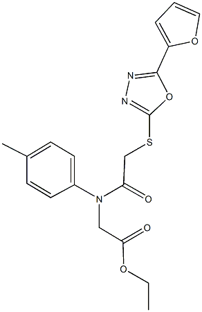ethyl [({[5-(2-furyl)-1,3,4-oxadiazol-2-yl]sulfanyl}acetyl)-4-methylanilino]acetate Struktur
