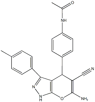 N-{4-[6-amino-5-cyano-3-(4-methylphenyl)-1,4-dihydropyrano[2,3-c]pyrazol-4-yl]phenyl}acetamide 结构式