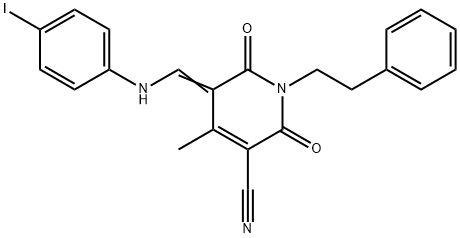 5-[(4-iodoanilino)methylene]-4-methyl-2,6-dioxo-1-(2-phenylethyl)-1,2,5,6-tetrahydro-3-pyridinecarbonitrile 结构式