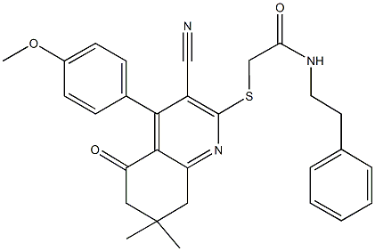 2-{[3-cyano-4-(4-methoxyphenyl)-7,7-dimethyl-5-oxo-5,6,7,8-tetrahydro-2-quinolinyl]sulfanyl}-N-(2-phenylethyl)acetamide Structure