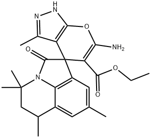 ethyl 6-amino-3,4',4',6',8'-pentamethyl-1,4,5',6'-tetrahydro-2'(1'H)-oxospiro(pyrano[2,3-c]pyrazole-4,1'[4'H]-pyrrolo[3,2,1-ij]quinoline)-5-carboxylate Structure