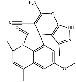 6-amino-8'-methoxy-3,4',4',6'-tetramethyl-1,4-dihydro-2'(1'H)-oxospiro(pyrano[2,3-c]pyrazole-4,1'[4'H]-pyrrolo[3,2,1-ij]quinoline)-5-carbonitrile 结构式