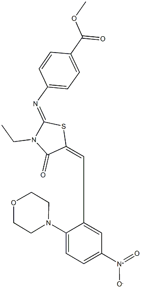 methyl4-({3-ethyl-5-[5-nitro-2-(4-morpholinyl)benzylidene]-4-oxo-1,3-thiazolidin-2-ylidene}amino)benzoate Struktur