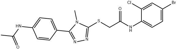 2-({5-[4-(acetylamino)phenyl]-4-methyl-4H-1,2,4-triazol-3-yl}sulfanyl)-N-(4-bromo-2-chlorophenyl)acetamide 化学構造式