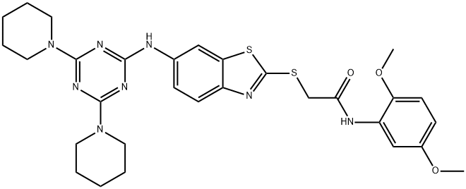 N-(2,5-dimethoxyphenyl)-2-[(6-{[4,6-di(1-piperidinyl)-1,3,5-triazin-2-yl]amino}-1,3-benzothiazol-2-yl)sulfanyl]acetamide Structure