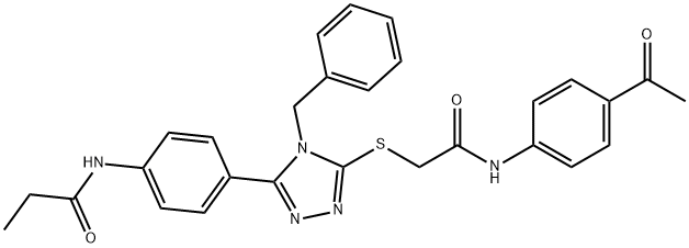 N-[4-(5-{[2-(4-acetylanilino)-2-oxoethyl]sulfanyl}-4-benzyl-4H-1,2,4-triazol-3-yl)phenyl]propanamide Struktur