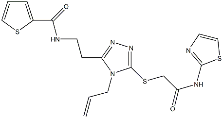 N-[2-(4-allyl-5-{[2-oxo-2-(1,3-thiazol-2-ylamino)ethyl]sulfanyl}-4H-1,2,4-triazol-3-yl)ethyl]-2-thiophenecarboxamide 化学構造式