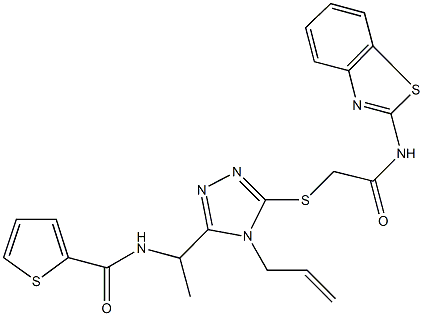 N-[1-(4-allyl-5-{[2-(1,3-benzothiazol-2-ylamino)-2-oxoethyl]sulfanyl}-4H-1,2,4-triazol-3-yl)ethyl]-2-thiophenecarboxamide 结构式