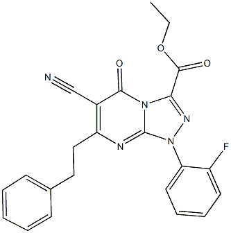 ethyl 6-cyano-1-(2-fluorophenyl)-5-oxo-7-(2-phenylethyl)-1,5-dihydro[1,2,4]triazolo[4,3-a]pyrimidine-3-carboxylate Struktur