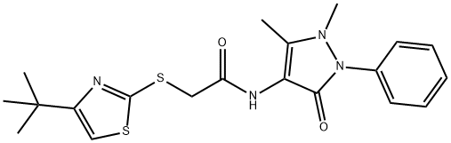 2-[(4-tert-butyl-1,3-thiazol-2-yl)sulfanyl]-N-(1,5-dimethyl-3-oxo-2-phenyl-2,3-dihydro-1H-pyrazol-4-yl)acetamide Struktur