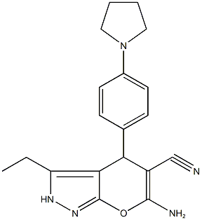 6-amino-3-ethyl-4-[4-(1-pyrrolidinyl)phenyl]-2,4-dihydropyrano[2,3-c]pyrazole-5-carbonitrile 化学構造式
