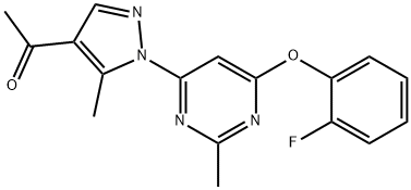 1-{1-[6-(2-fluorophenoxy)-2-methyl-4-pyrimidinyl]-5-methyl-1H-pyrazol-4-yl}ethanone 化学構造式