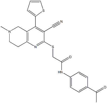N-(4-acetylphenyl)-2-{[3-cyano-6-methyl-4-(2-thienyl)-5,6,7,8-tetrahydro[1,6]naphthyridin-2-yl]sulfanyl}acetamide Struktur