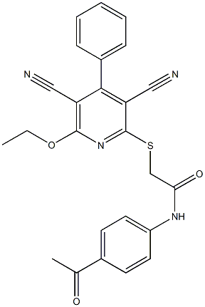 N-(4-acetylphenyl)-2-[(3,5-dicyano-6-ethoxy-4-phenyl-2-pyridinyl)sulfanyl]acetamide Structure