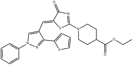 956048-40-1 ethyl 1-(4-oxo-5-{[1-phenyl-3-(2-thienyl)-1H-pyrazol-4-yl]methylene}-4,5-dihydro-1,3-thiazol-2-yl)-4-piperidinecarboxylate
