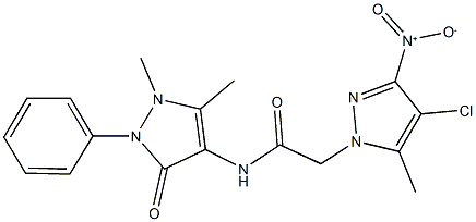 2-{4-chloro-3-nitro-5-methyl-1H-pyrazol-1-yl}-N-(1,5-dimethyl-3-oxo-2-phenyl-2,3-dihydro-1H-pyrazol-4-yl)acetamide Struktur