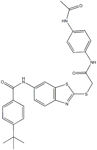 N-[2-({2-[4-(acetylamino)anilino]-2-oxoethyl}sulfanyl)-1,3-benzothiazol-6-yl]-4-tert-butylbenzamide Struktur