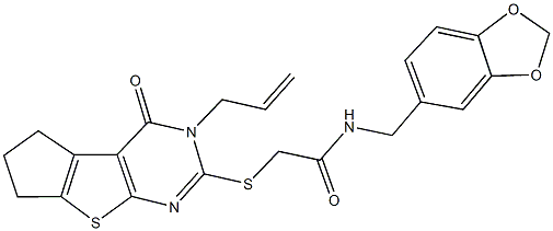 2-[(3-allyl-4-oxo-3,5,6,7-tetrahydro-4H-cyclopenta[4,5]thieno[2,3-d]pyrimidin-2-yl)sulfanyl]-N-(1,3-benzodioxol-5-ylmethyl)acetamide,,结构式