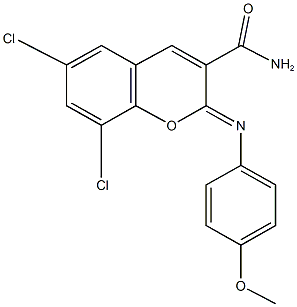 6,8-dichloro-2-[(4-methoxyphenyl)imino]-2H-chromene-3-carboxamide,,结构式