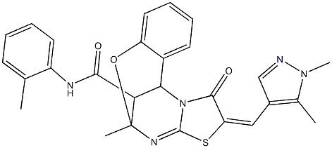 (13E)-13-[(1,5-dimethyl-1H-pyrazol-4-yl)methylene]-9-methyl-N-(2-methylphenyl)-14-oxo-8-oxa-12-thia-10,15-diazatetracyclo[7.6.1.0~2,7~.0~11,15~]hexadeca-2,4,6,10-tetraene-16-carboxamide Struktur