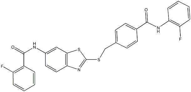 2-fluoro-N-[2-({4-[(2-fluoroanilino)carbonyl]benzyl}sulfanyl)-1,3-benzothiazol-6-yl]benzamide Structure