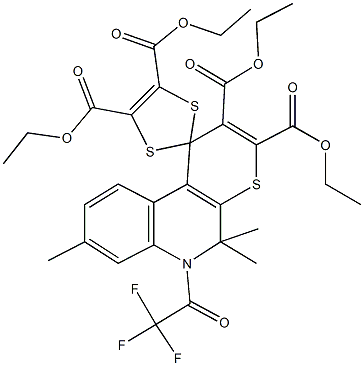 tetraethyl 5,5,8-trimethyl-6-(trifluoroacetyl)-5,6-dihydro-spiro(1H-thiopyrano[2,3-c]quinoline-1,2'-[1,3]-dithiole)-2,3,4',5'-tetracarboxylate Struktur