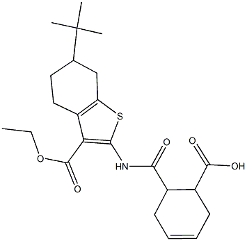 6-({[6-tert-butyl-3-(ethoxycarbonyl)-4,5,6,7-tetrahydro-1-benzothien-2-yl]amino}carbonyl)-3-cyclohexene-1-carboxylic acid 化学構造式