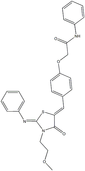 2-(4-{[3-(2-methoxyethyl)-4-oxo-2-(phenylimino)-1,3-thiazolidin-5-ylidene]methyl}phenoxy)-N-phenylacetamide Struktur