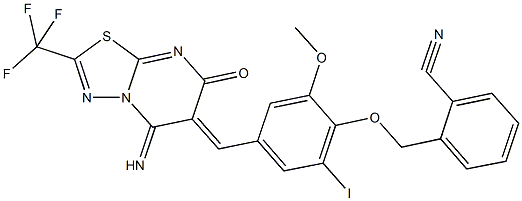 2-({4-[(5-imino-7-oxo-2-(trifluoromethyl)-5H-[1,3,4]thiadiazolo[3,2-a]pyrimidin-6(7H)-ylidene)methyl]-2-iodo-6-methoxyphenoxy}methyl)benzonitrile Struktur
